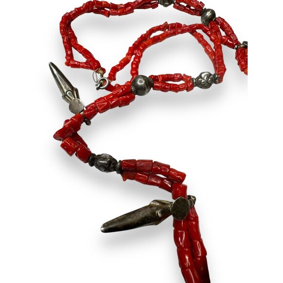 Vintage Berber Coral Amber Sterling Silver Amulet Necklace 30" 1940s African - Picture 6 of 8